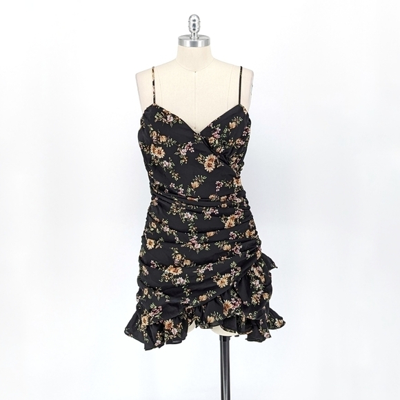 Storia Floral Mini Dress Black Pink L party cocktail ruffle prom wedding 80s 90s - Picture 1 of 9